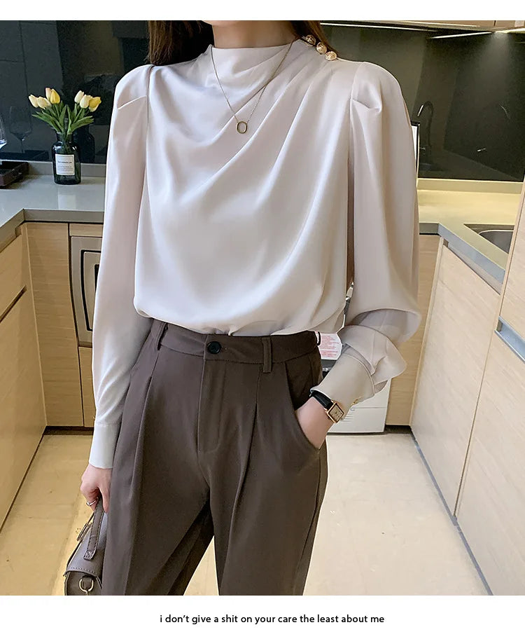 Autumn New Women's Style Stand up Collar Pleated Long Sleeve Top Fashion Lantern Sleeve Loose Elegant Solid Color Shirt Blouse