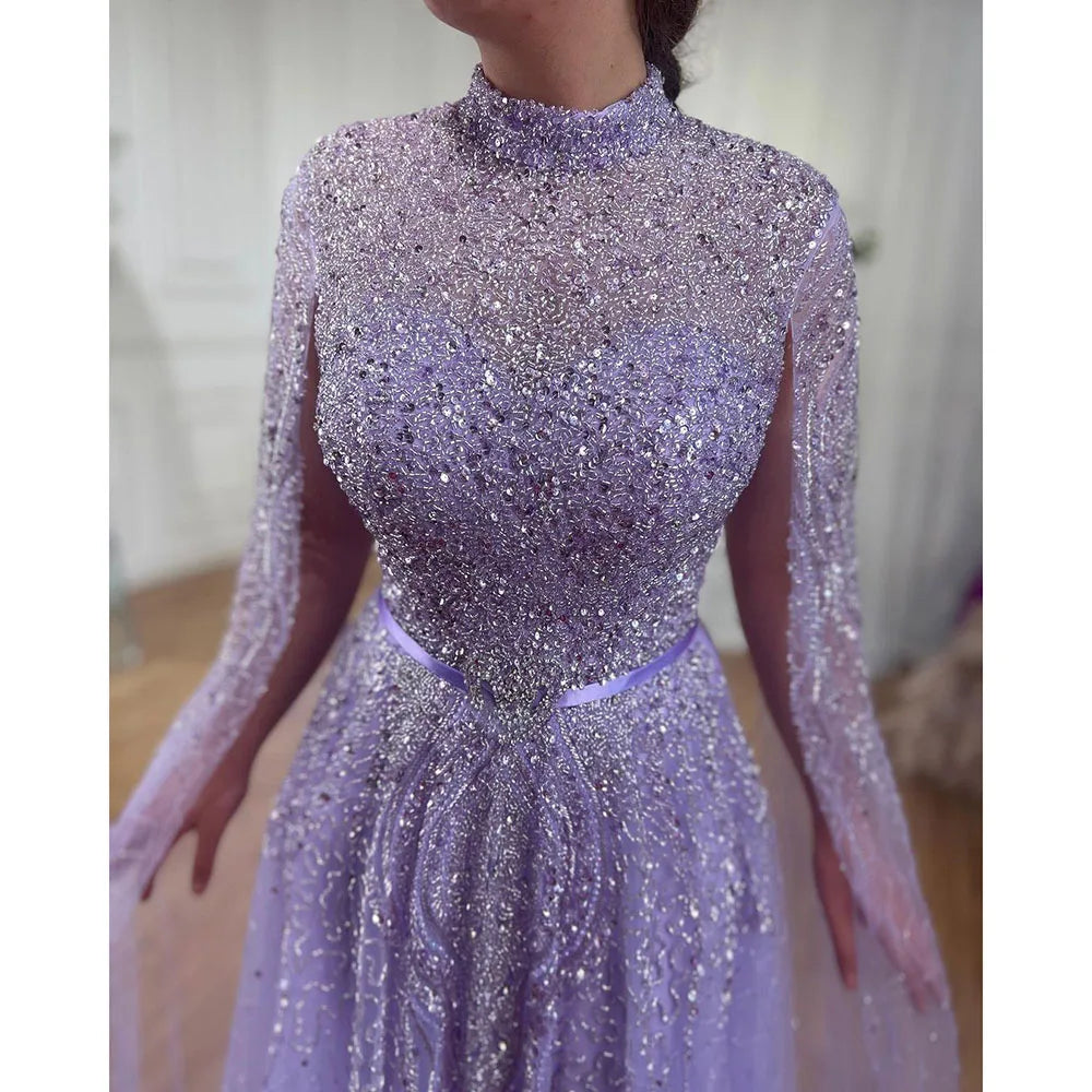 Serene Hill Blue A-Line High-end Beaded Luxury Cape Sleeves Evening Dresses Gowns 2024 For Woman Party Plus Size LA70066B