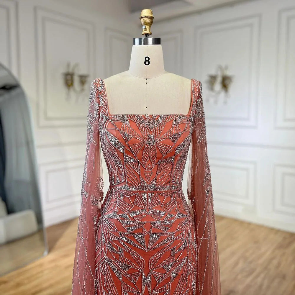 Serene Hill Arabic Pink Cape Sleeves Mermaid Dubai Evening Dresses Beaded Luxury Wedding Party Gowns For Women 2024 LA72261