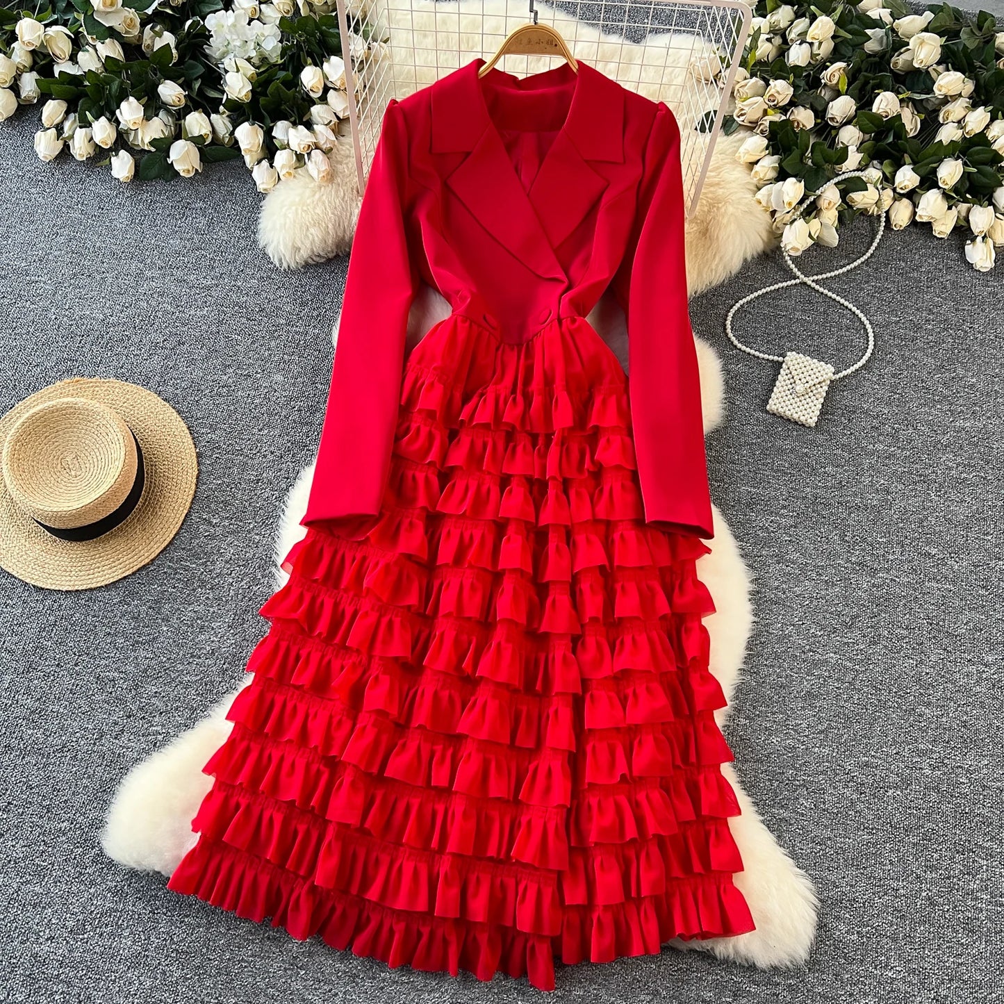French Vintage Two Pieces Sets Notched lool sleeve mesh sweet A-line Chic PATCHWORK Women Summer dresses