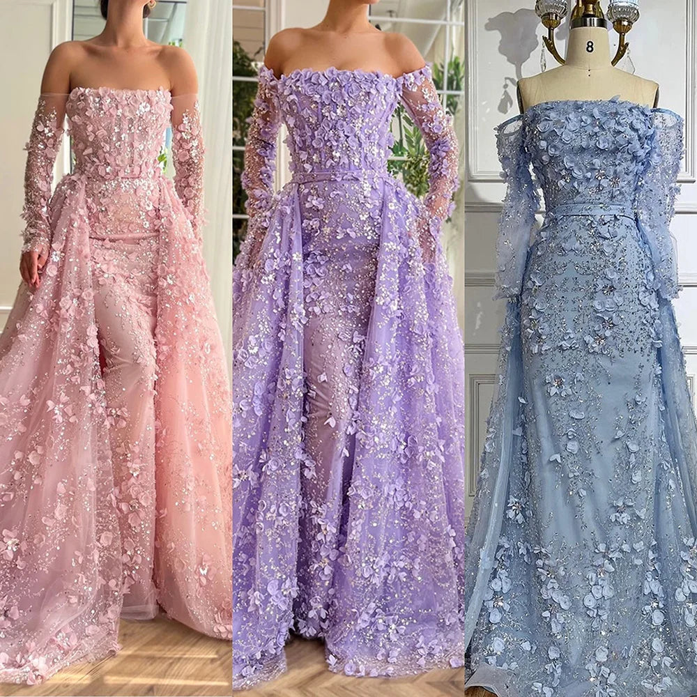 Serene Hill 2024 Pink Strapless Back Lace-Up Mermaid Evening Gown with Overskirt and Appliques for Women | Wedding Party LA72641