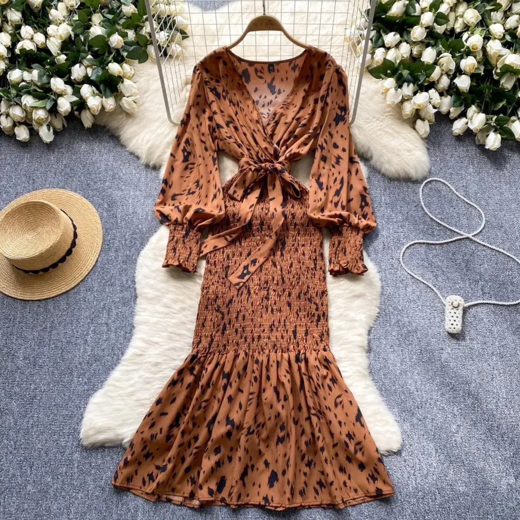 Women Casual Vintage Print Ruffle Long Dress Autumn Elegant V Neck Lantern Sleeve Party Mermaid Dresses Holiday Female Mujer New