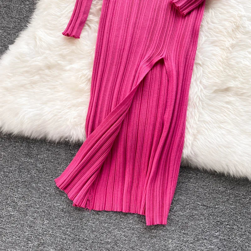 Women Chic Elegant Long Sleeve Split Bodycon Midi Dress Sexy French Fashion Knit Wrap Vestidos Elastic Slim Pencil Sweater Dress