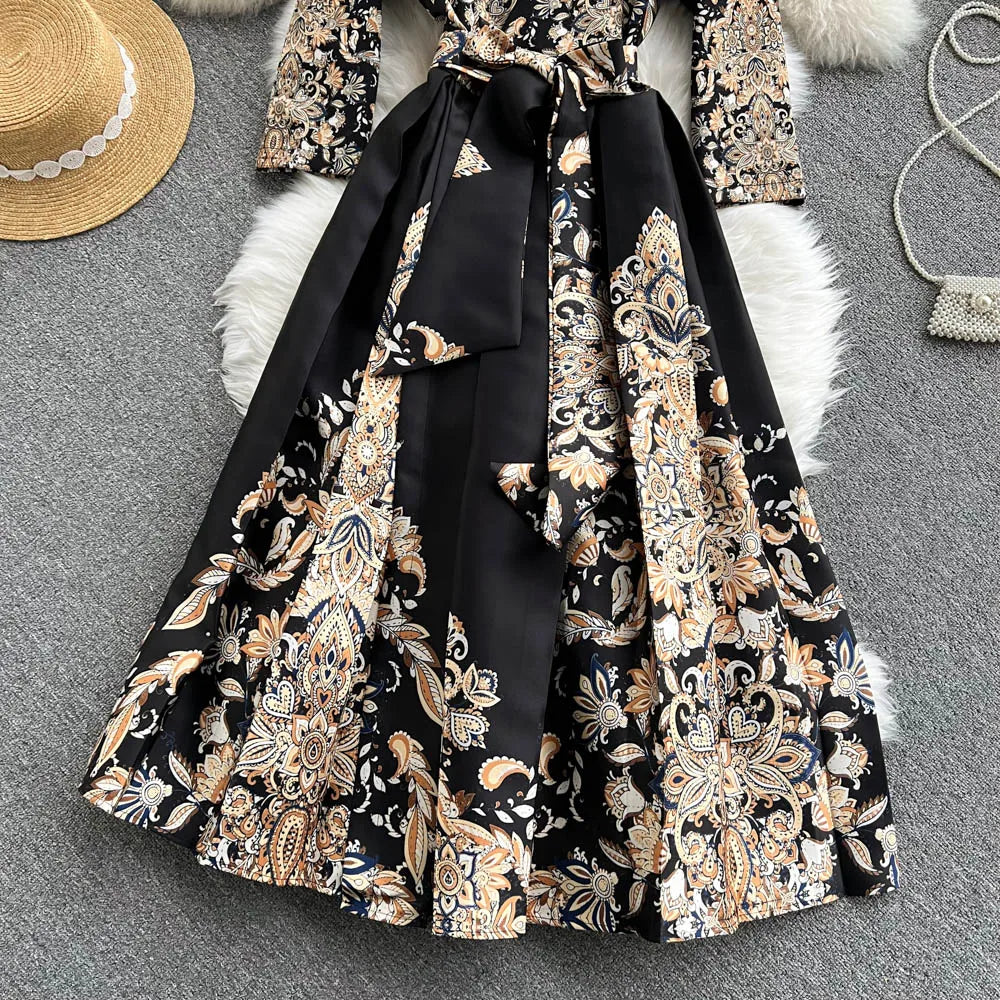 Pinkou Women Elegant Print Maxi Dress Cross V Neck Bow Tie Sashes Three Quarter Sleeve Female Chic Wrap Dresses Vestido QA815
