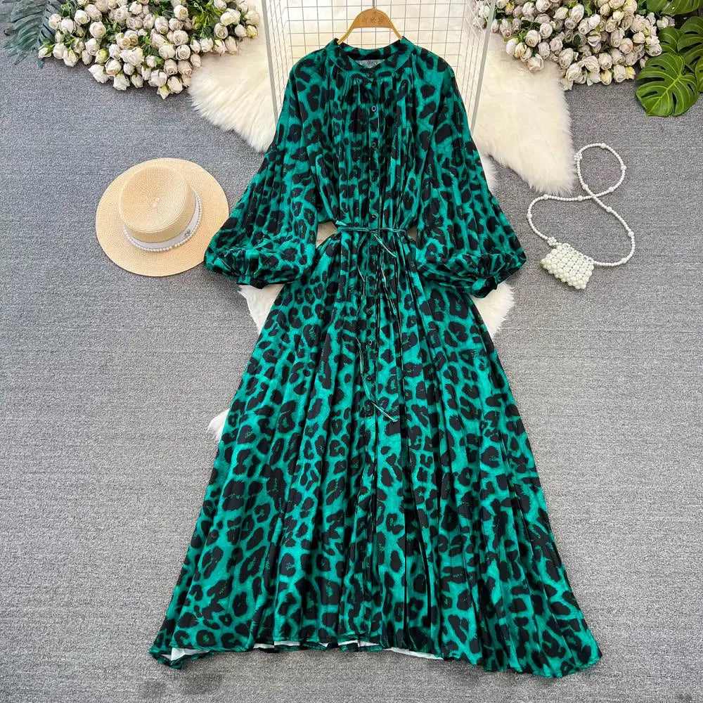 Elegant Women Casual Floral Print Party Dress Vintage Lantern Sleeve A-Line Pleated Prom Birthday Clothes Female Fashion Robe