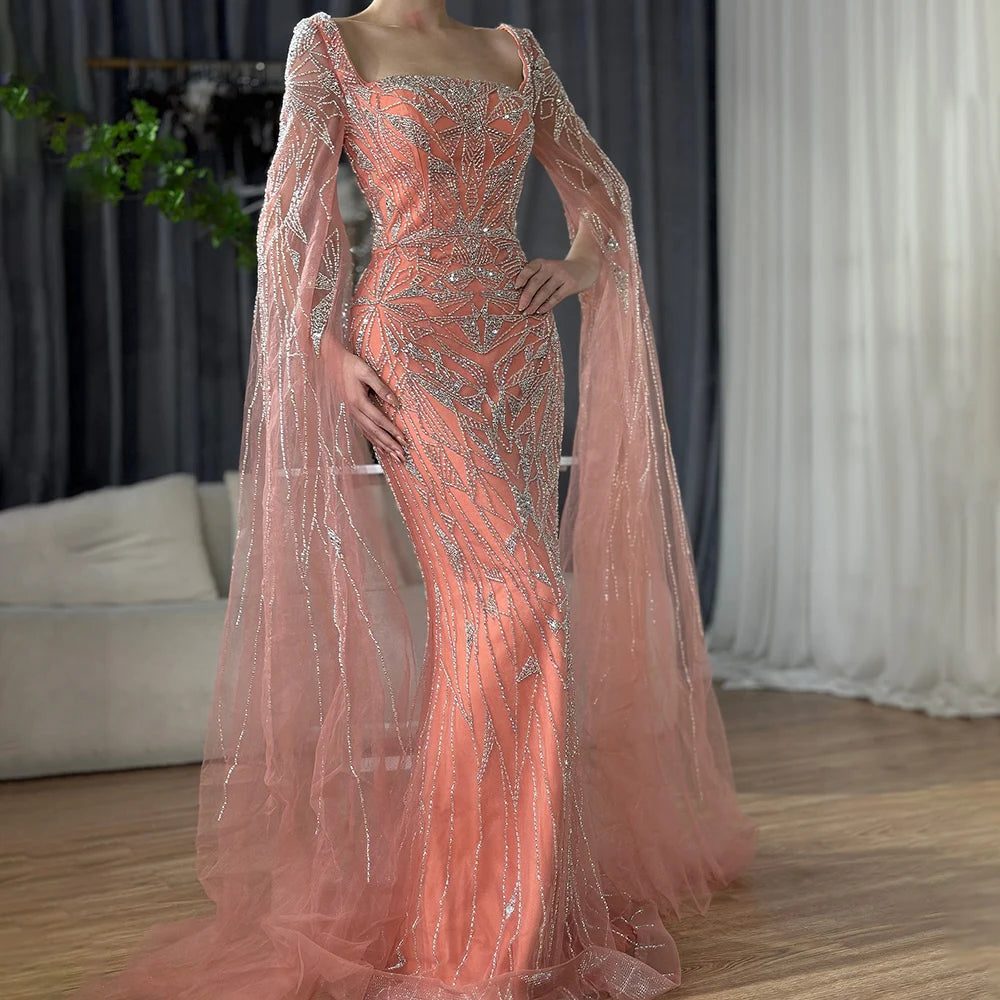 Serene Hill Arabic Pink Cape Sleeves Mermaid Dubai Evening Dresses Beaded Luxury Wedding Party Gowns For Women 2024 LA72261
