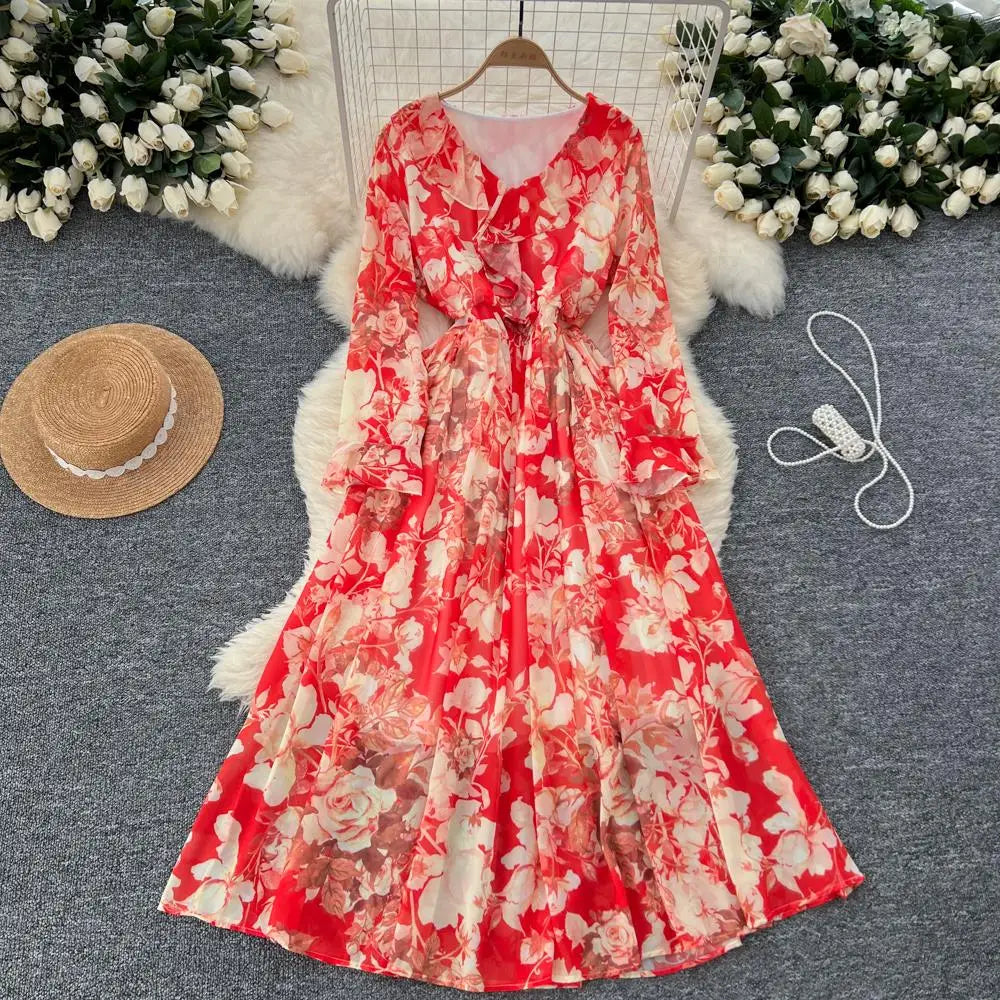 Women Elegant Floral Print Dress for Women Vintage V-Neck Long Sleeves Chiffon Slim A-Line Vestidos Mujer Autumn Female Clothes