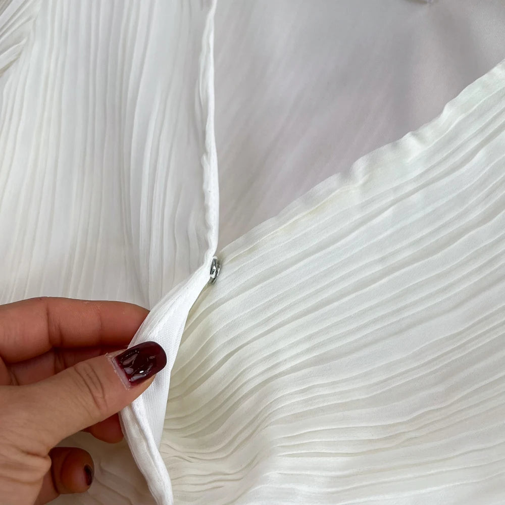 Autumn Solid Pleated Long Dresses for Women Halter V-Neck Flare Sleeve Wedding Party Dress Korean Fashion One Piece Vestidos New