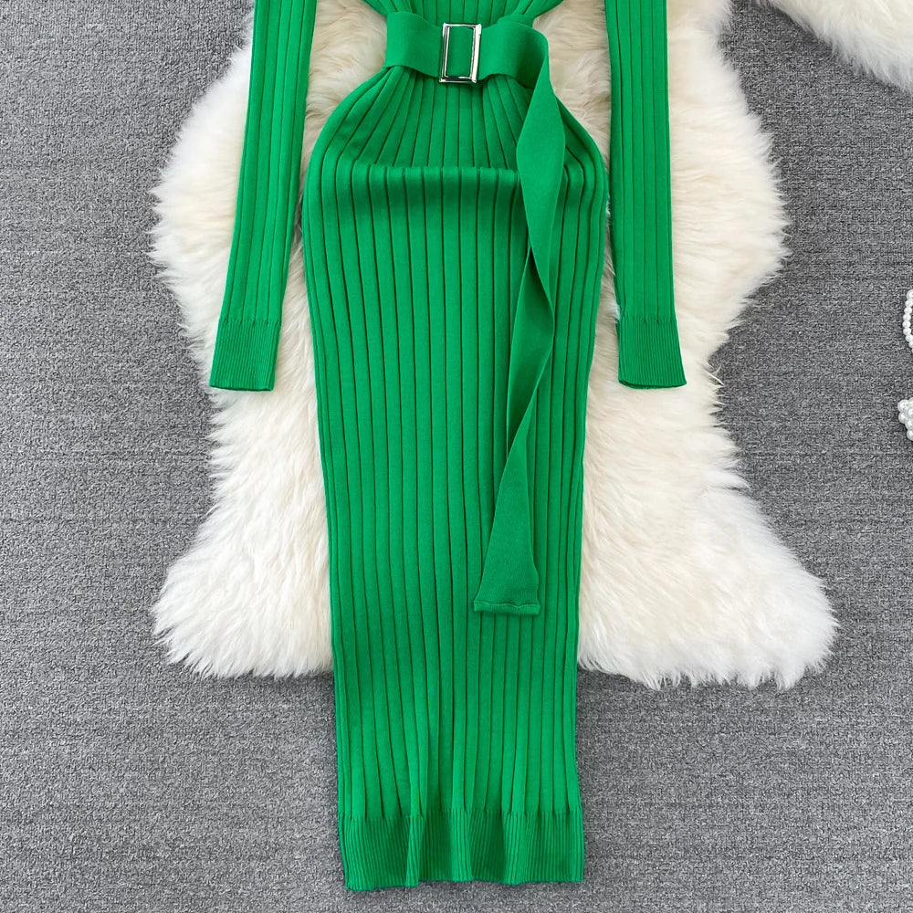 Chic Elegant Turtleneck Long Sleeve Bodycon Dress with Belt Sexy Fashion Knit Vestido Slim Autumn Winter Pencil Sweater Robe