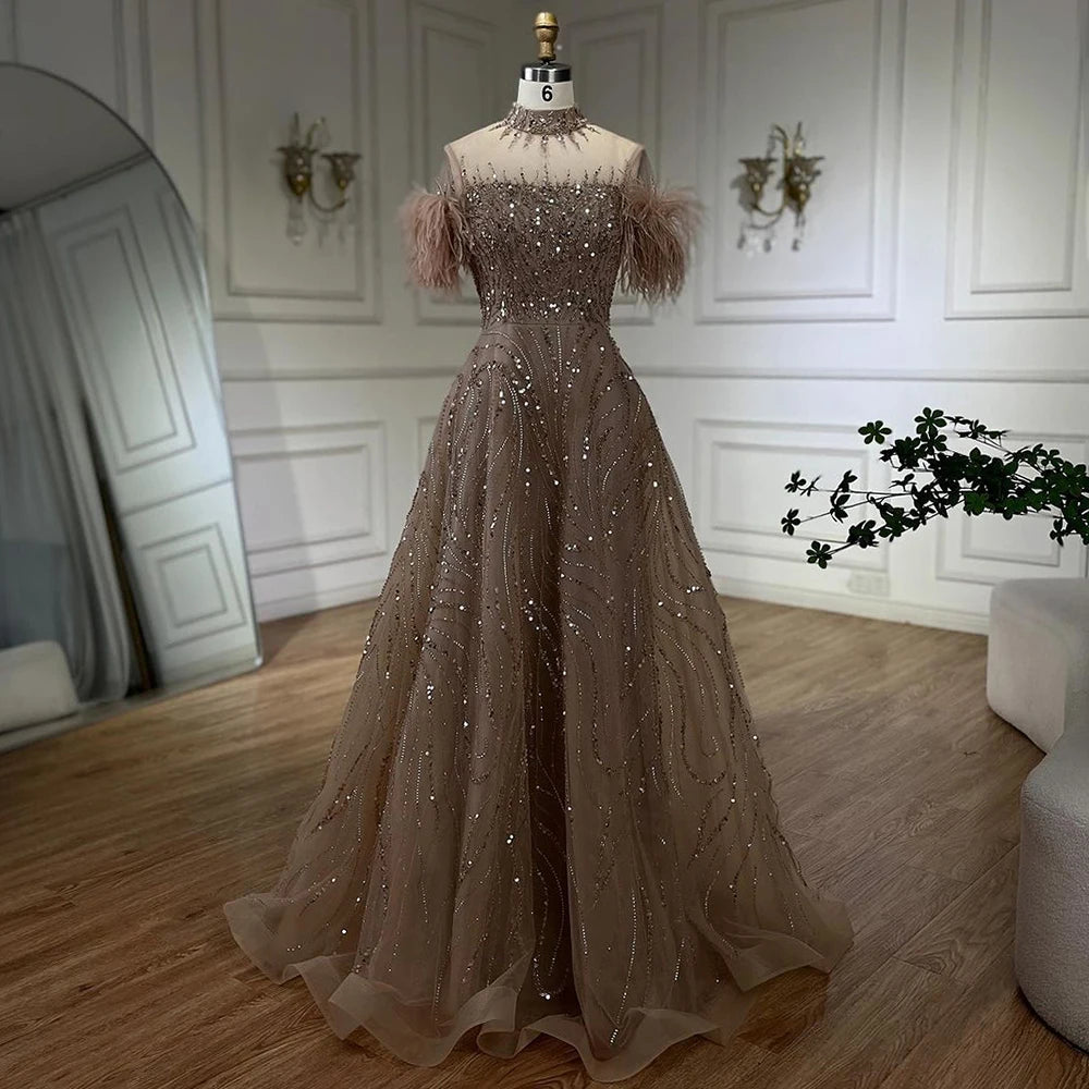 Serene Hill 2024 Arabic blue A Line Short Sleeveless Luxury Evening Dresses Beaded Feathers For Women Wedding Party LA72351