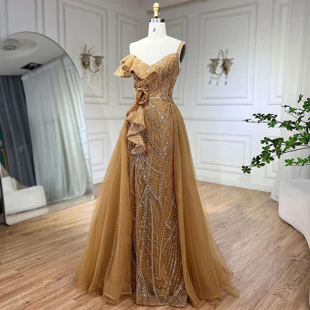 Serene Hill Golden Mermaid Evening Dress With Skirt - Women's Luxury Grey Beaded Spaghetti Strap Party 2024, LA72341
