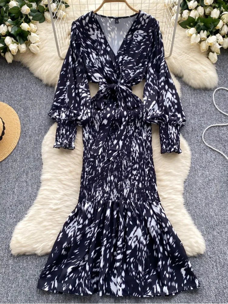 Women Casual Vintage Print Ruffle Long Dress Autumn Elegant V Neck Lantern Sleeve Party Mermaid Dresses Holiday Female Mujer New