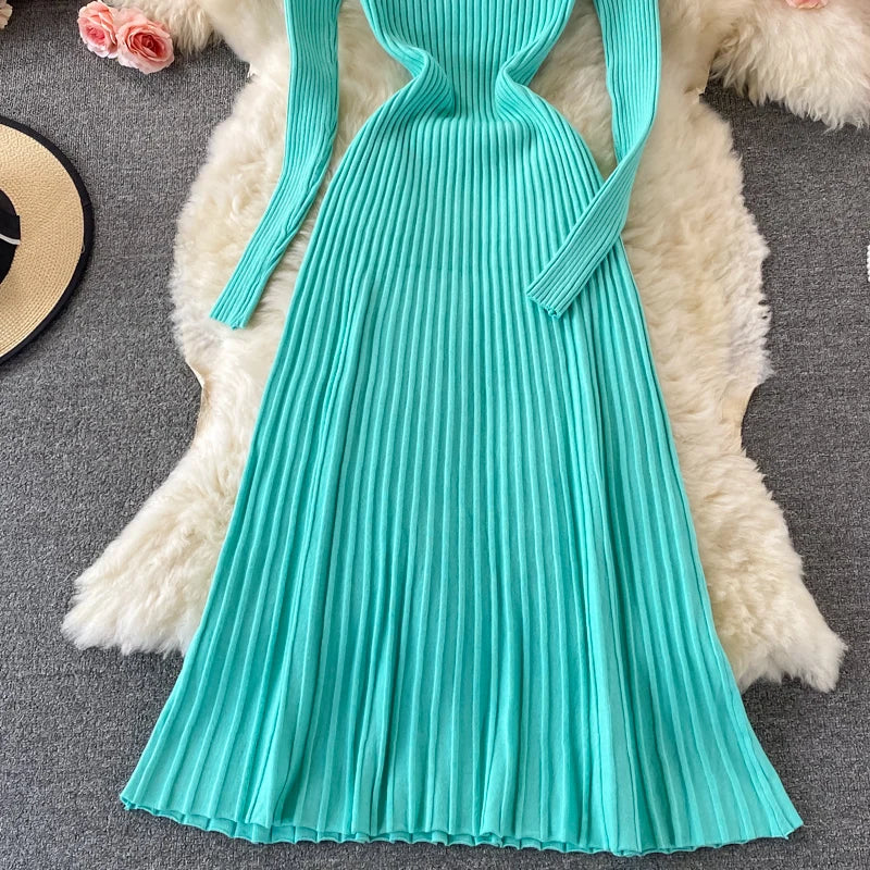Women Chic Turtleneck Long Sleeve Sexy A-line Sweater Dress Vintage Korean Fashion Knit Vestido Elegant Autumn Winter Knitwear