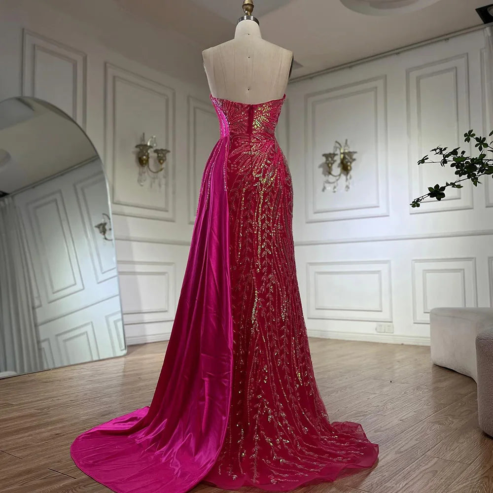 Serene Hill 2024 Arabic Nude Strapless Satin Mermaid Beaded Luxury Dubai Evening Gown with Side Skirt for Women's Party BLA72665