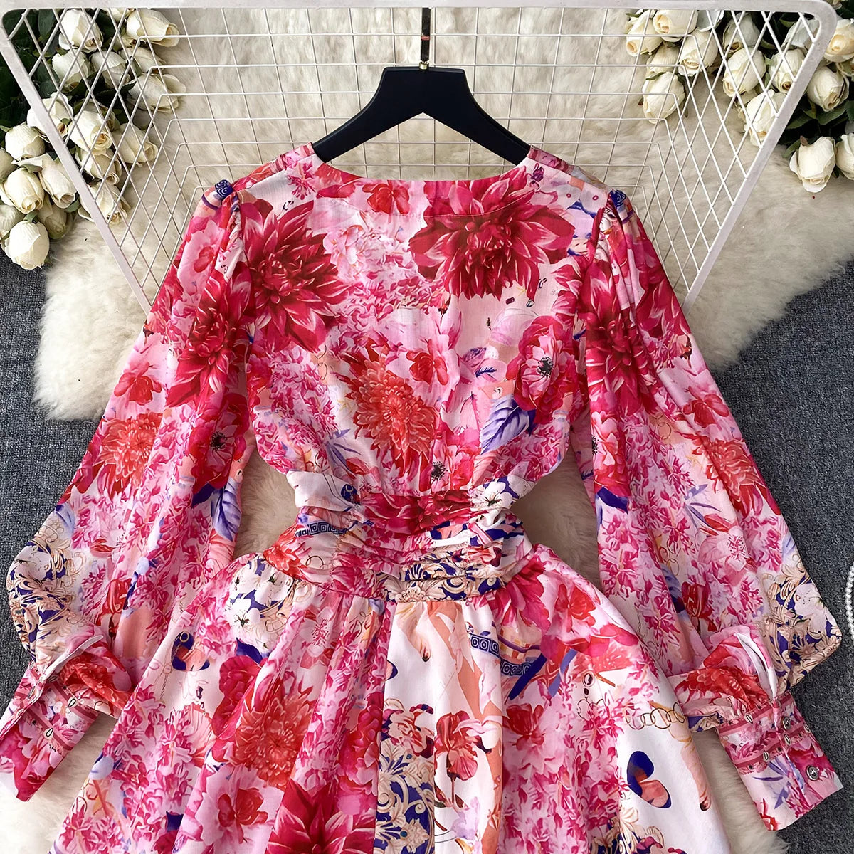 Short Dresses 2023 Fashion Women Clothing Party Elegant Vintage Floral Print Dress Womens V Neck Long Sleeve Mini Vacation Dress