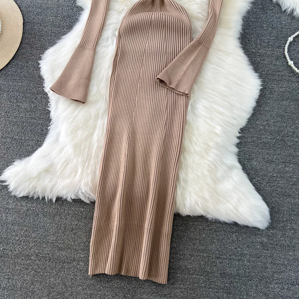 Women Chic Elegant Long Sleeve Bodycon Vneck Dress Sexy French Fashion Knit Wrap Vestidos Elastic Slim Pencil Sweater Dress