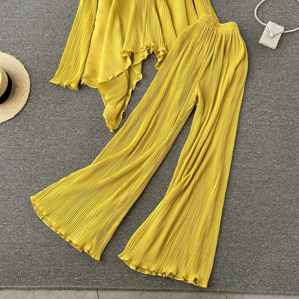 Clothland Stylish Yellow Blouse Set Two Piece Set Irregular Shirt Long Pants Pleated Women Chic Spring Suits TZ234