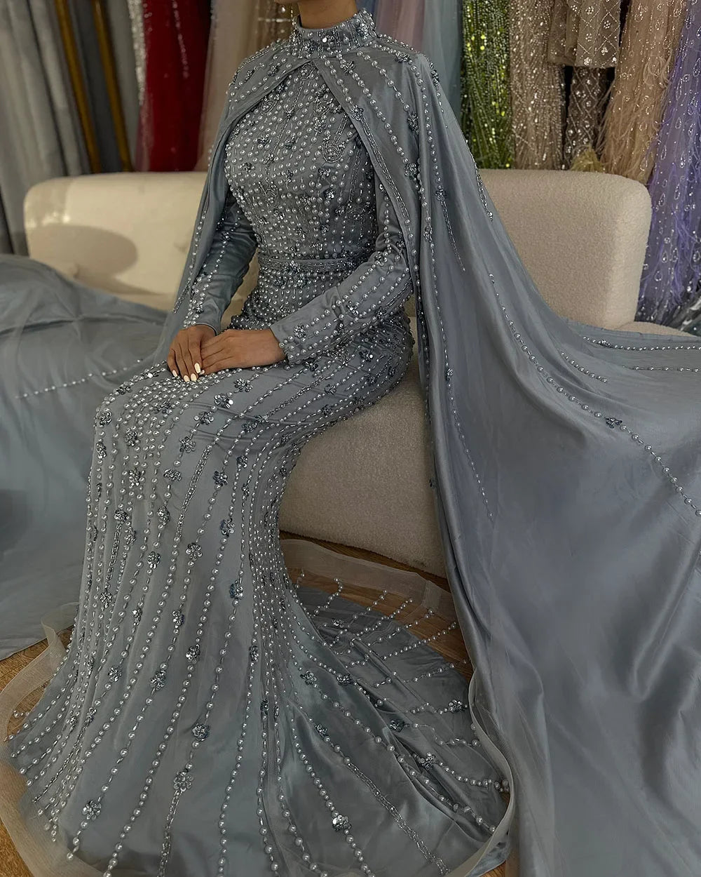Serene Hill 2024 Luxury Dubai Blue Muslim Mermaid Beaded Evening Gowns with Cape Sleeves for Women's Party LA72533