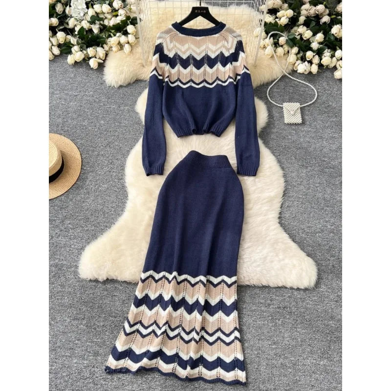 Korea Fashion Vintage Contrast Wavy O-neck Long Sleeve Knitted Sweater Tops High Waist Slim Skirt Women Two-piece Sets Autumn