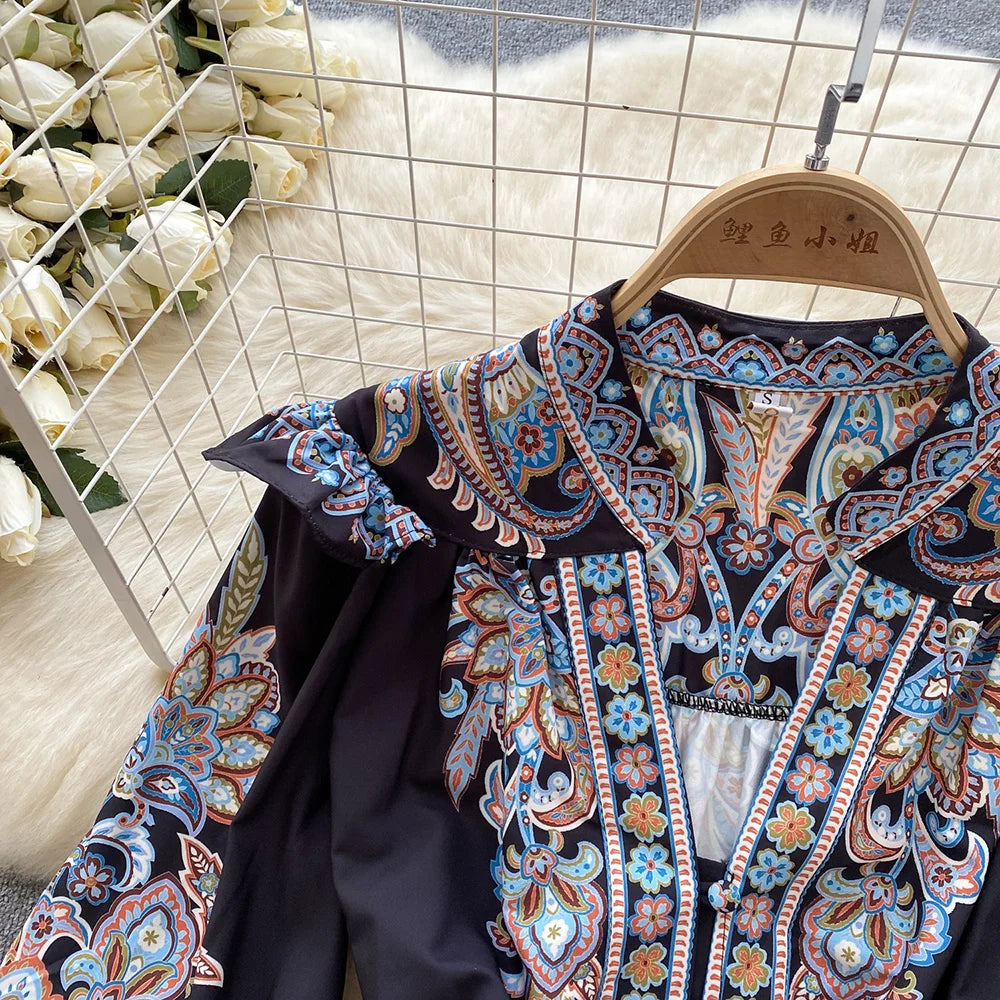 Elegant Dresses For Women 2024 V Neck Vintage Paisley Print Mini Holiday Dress Spring Ruffle Trim Long Sleeve Bohemian Dress