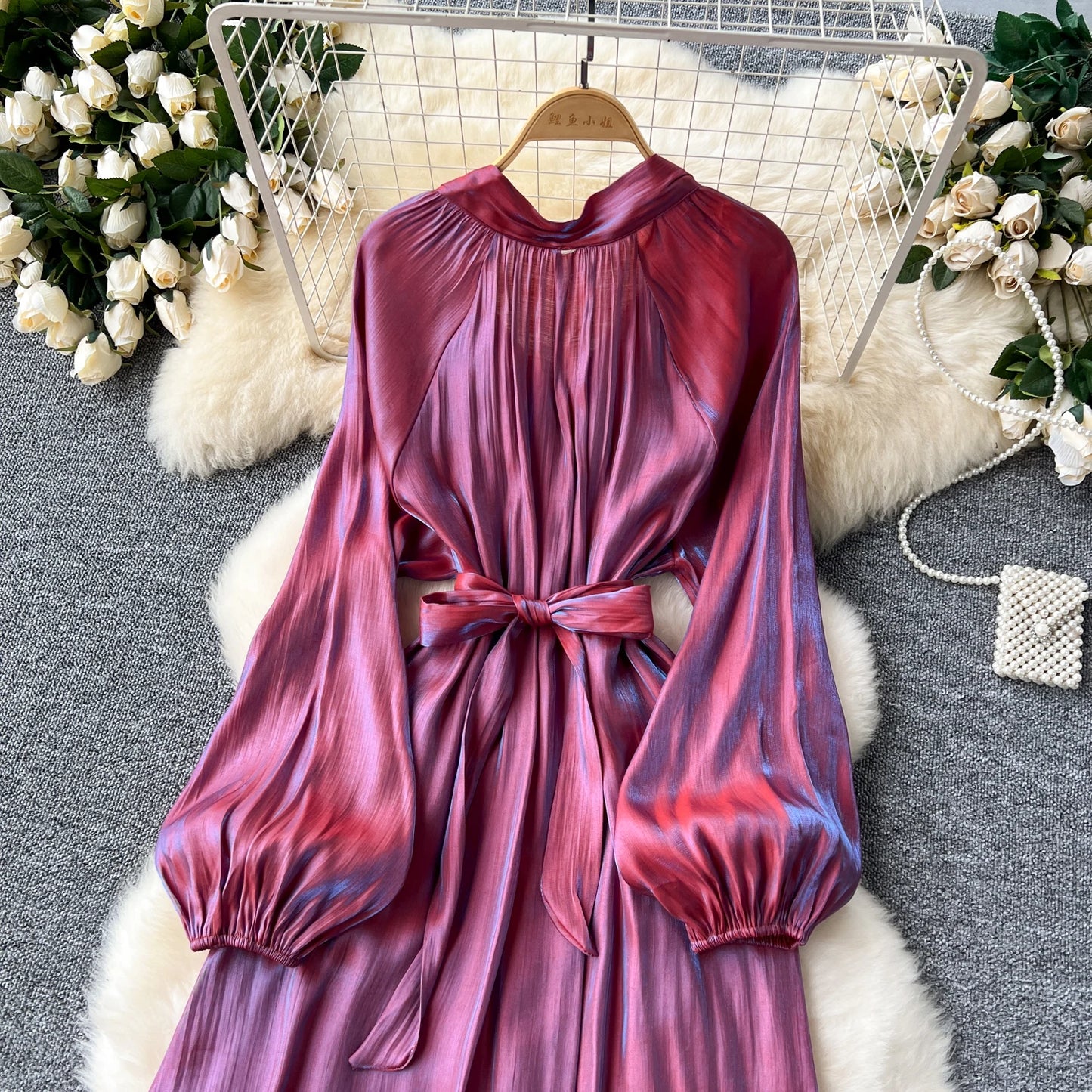 French Vintage Pleated lool sleeve print Lace-up Bow sweet Dress Casual Women Fashion summer dresses
