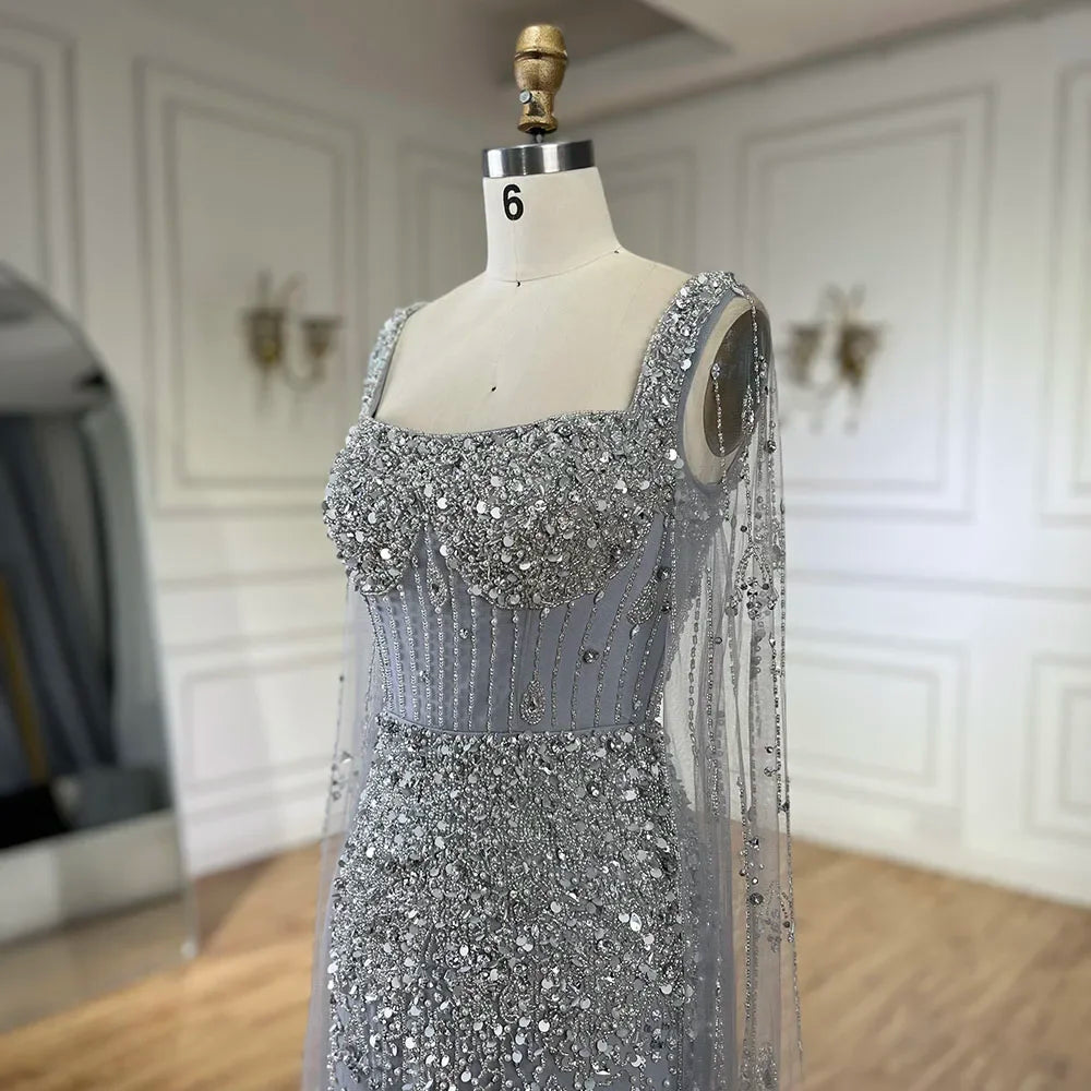 Serene Hill Arabic Gray Mermaid Beaded Luxury Dubai Long Evening Gown with Cape Sleeves Elegant for Women - Party 2024 BLA72592