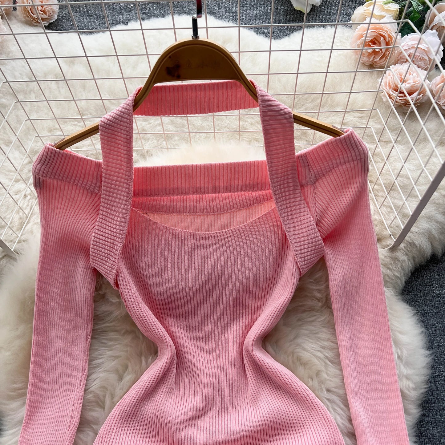 Chic Sexy Halter Bandage Irregular Bodycon Dress Fluffy Long Sleeve Knit Birthday Dress Autumn Winter Pencil Sweater Vestidos