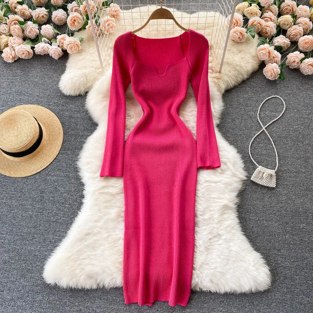 Women Long Sleeve Sexy Bodycon Dress with slit Vintage French Fashion Knit v neck Vestidos Basic Tight Elegant Slim Chic Dresses