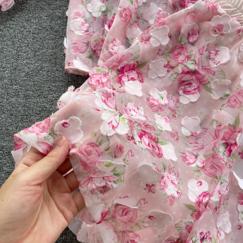 Clothland Sweet Appliqued Floral Blouse Suit Two Piece Pink Set Long Sleeve Shirts Mini Shorts Spring Set TZ228