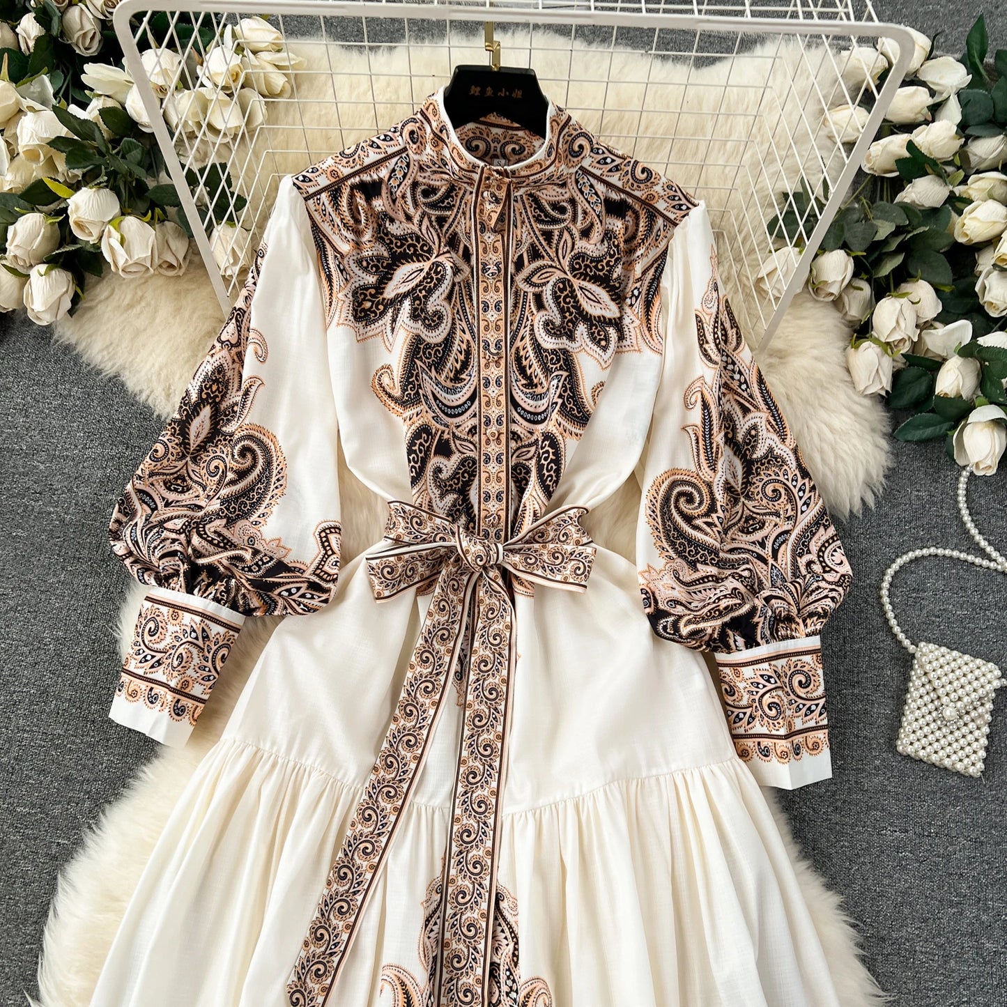 Vintage Print Elegant Half High Collar Lantern Long Sleeve Dress A-line Casual Women Fashion Autumn Spring Vestidos