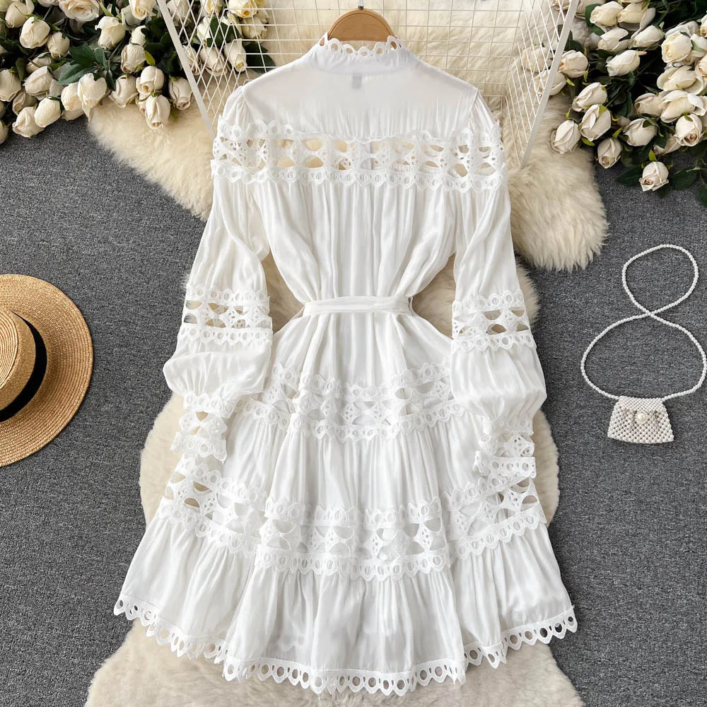 2023 Spring Summer Holiday Dress Women Stand Collar Long Sleeve Button Up Embroidery Trim Luxury Elegant Mini Dress With Belt