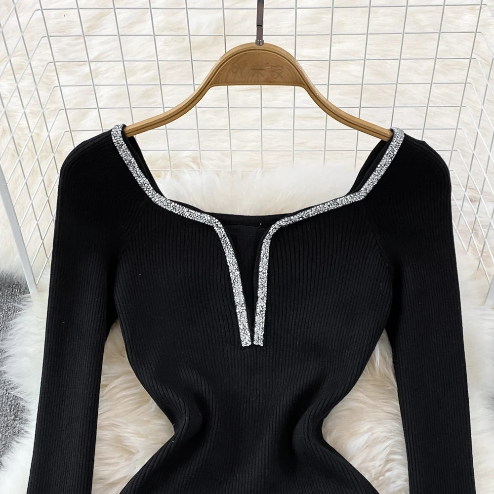 Chic Elegant Glitter V Neck Long Sleeve Elastic Bodycon Dress Sexy Fashion Knit Pencil Vestidos Slim Autumn Winter party robe