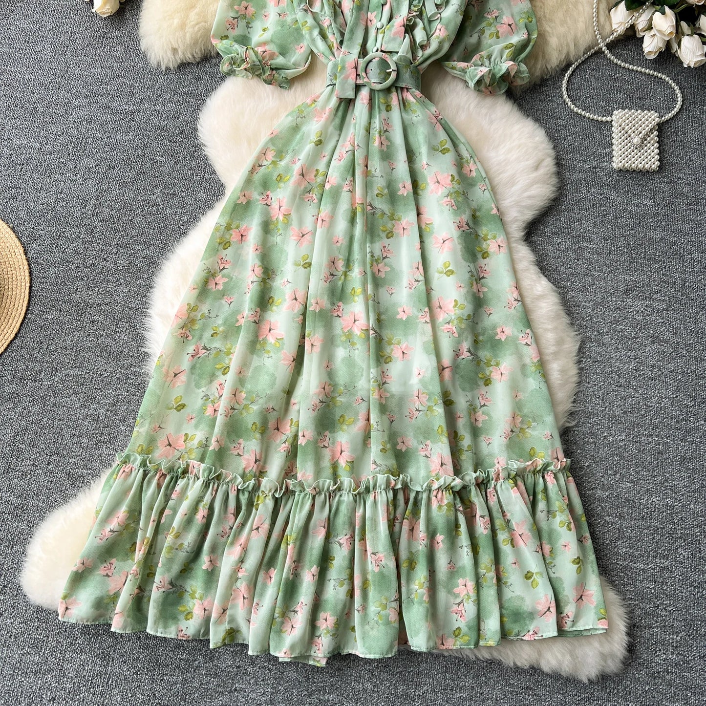 French Vintage Ruffle print chiffon Bandage Bow Puff Sleeves short Sleeves Dress Casual Women Fashion summer dresses