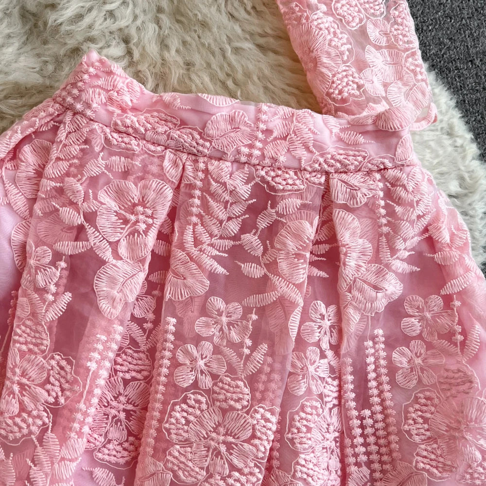 High Quality Floral Embroidery Two Piece Sets Women Suits Elegant OL Long Sleeve Shirt Mid Skirts 2 Piece Outfits Female
