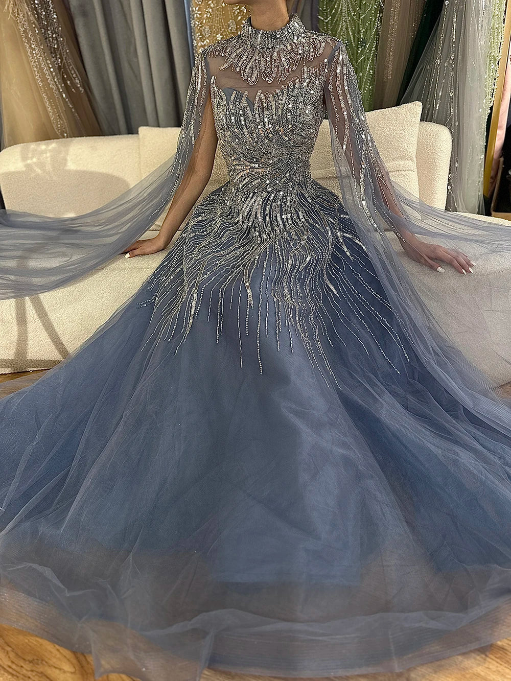 Serene Hill Caramel Luxury Evening Dresses with Cape Sleeves A-Line Beaded Lace Gown For Women's Wedding Party 2024 LA72386