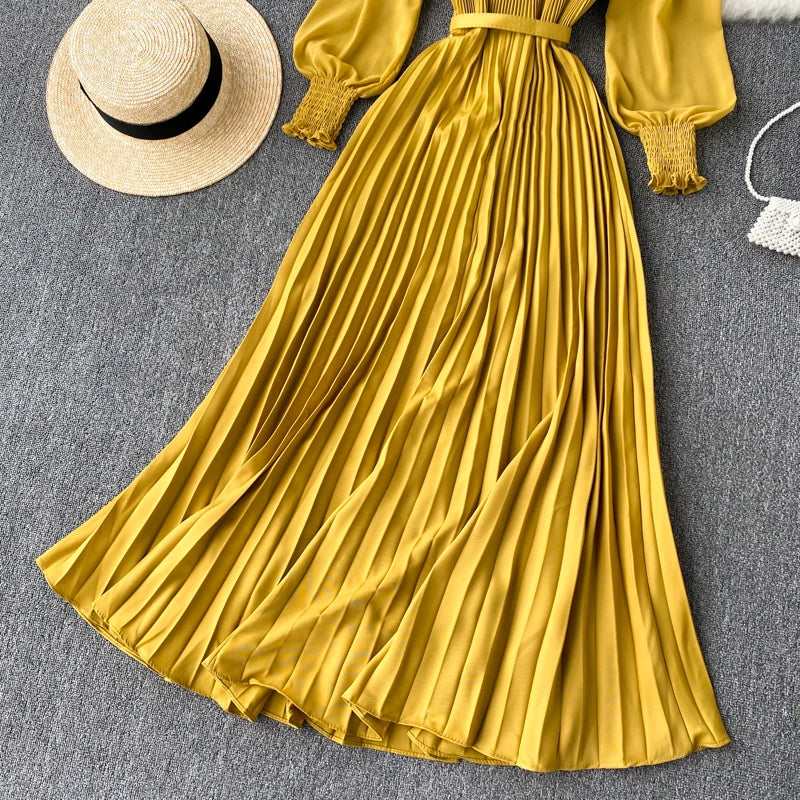 Chic Pleated Elegant Puff Sleeve Dress A-line Chiffon High Waist Belt Beach Vacation Party Dress Women Summer Spring Vestidos