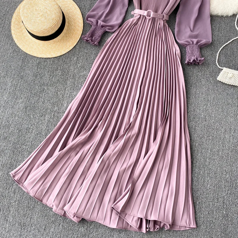 Chic Pleated Elegant Puff Sleeve Dress A-line Chiffon High Waist Belt Beach Vacation Party Dress Women Summer Spring Vestidos