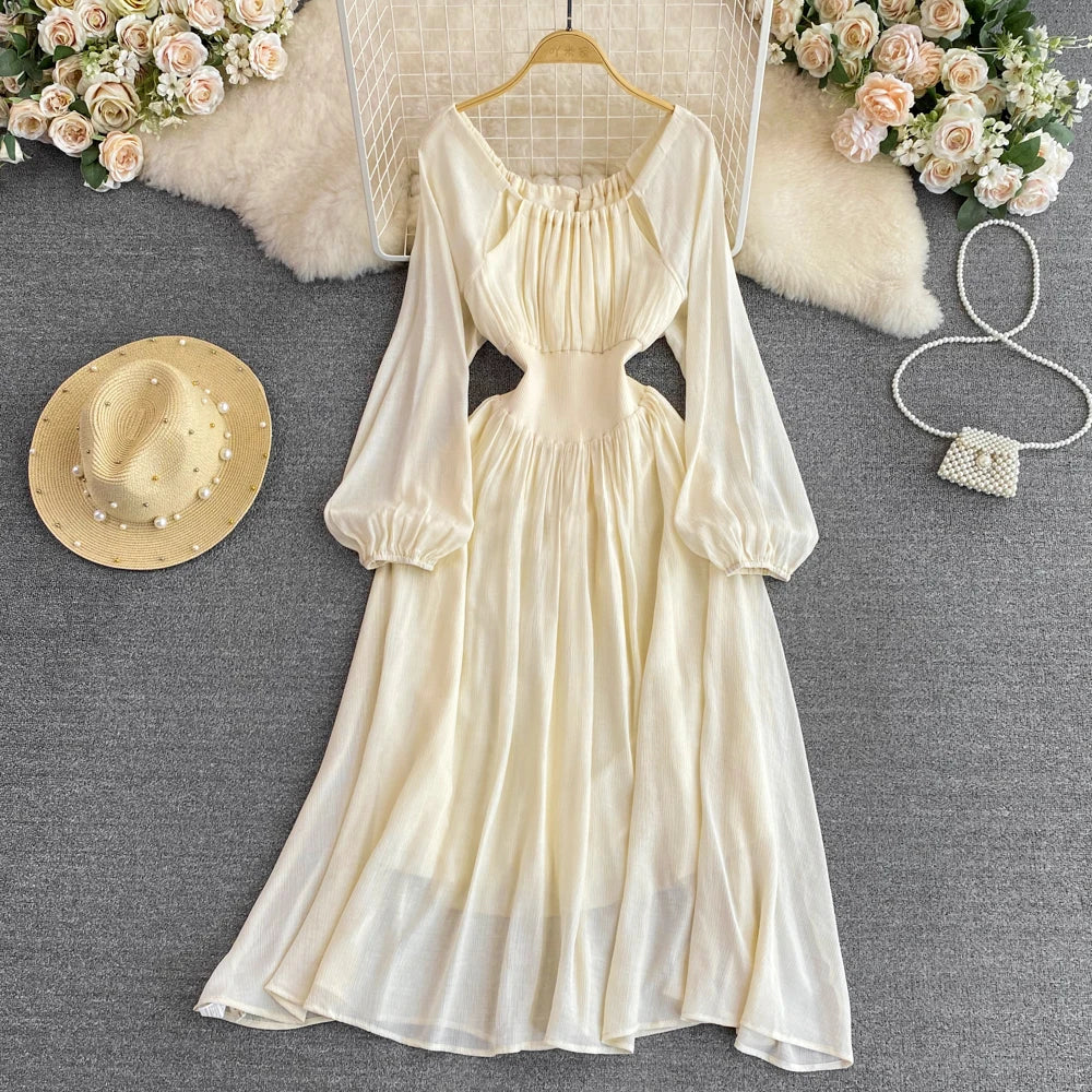 Elegant Sweet Princess Party Dress Women High Waist A-Line Lace Up Autumn French Vintage Prom Robe One Piece Vestidos Mujer New