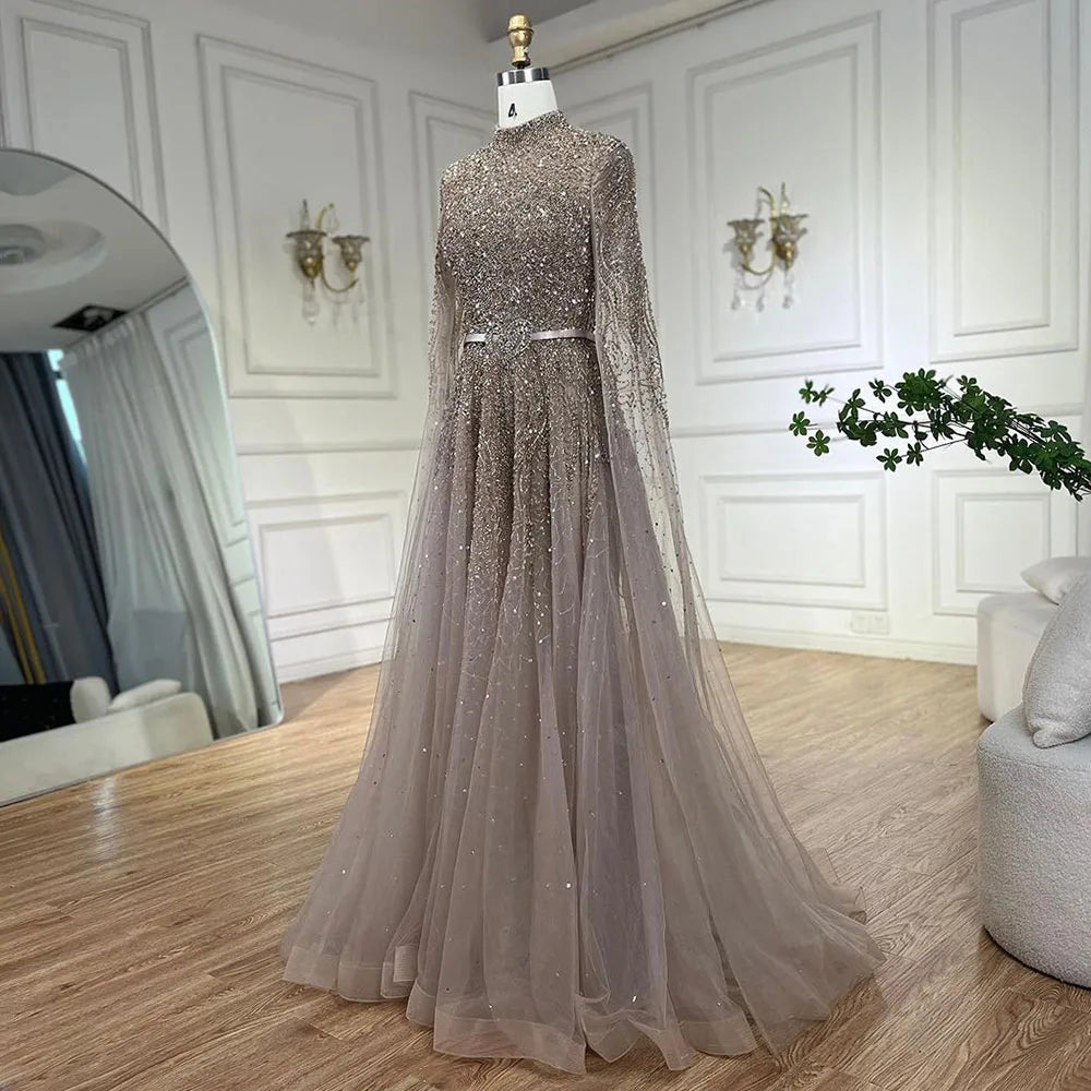 Serene Hill Blue A-Line High-end Beaded Luxury Cape Sleeves Evening Dresses Gowns 2024 For Woman Party Plus Size LA70066B