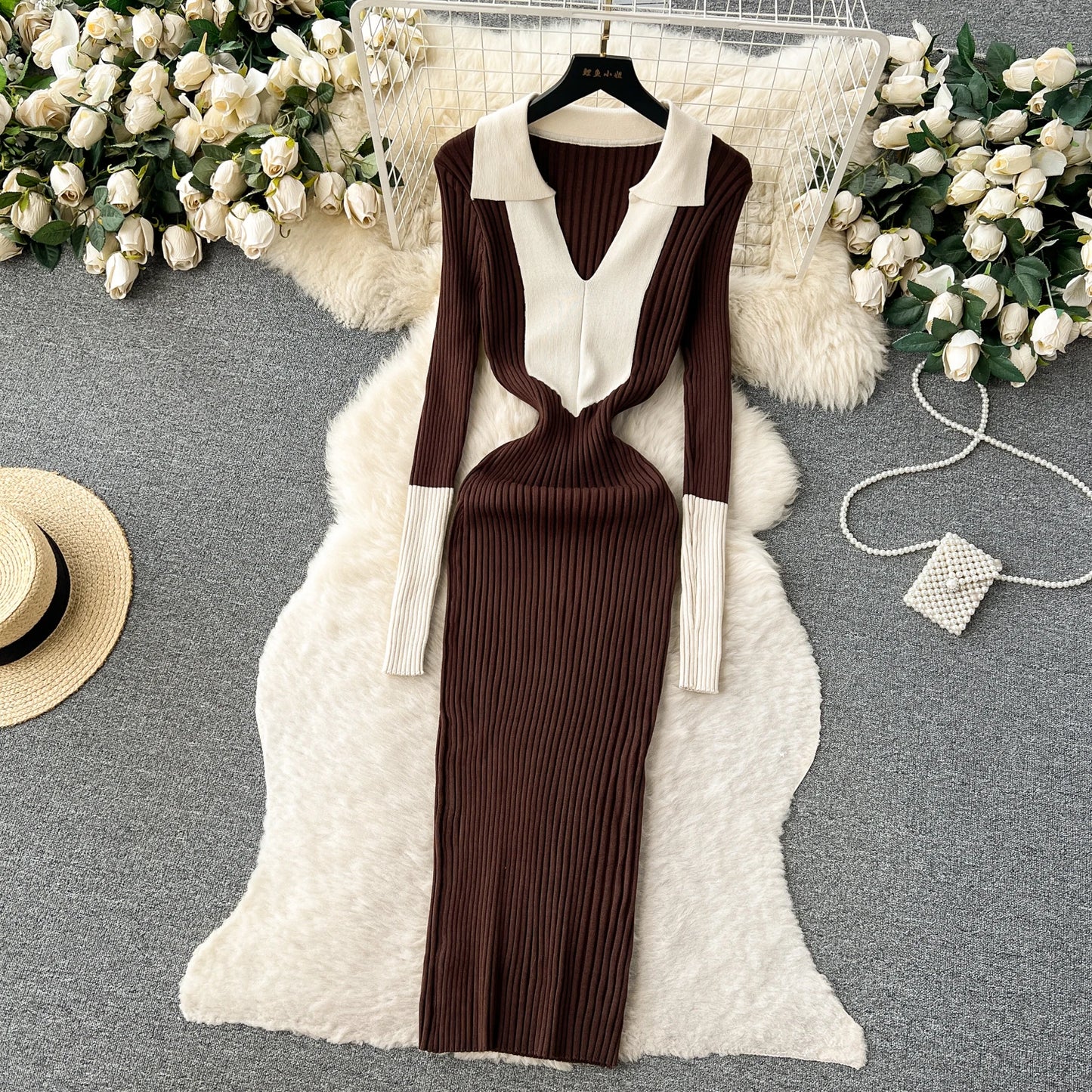 Elegant Polo-neck Long Sleeve Knit Bodycon Pencil Dress Slim Basic Fashion Sweater Vestido Sexy Women Autumn Winter Clothing