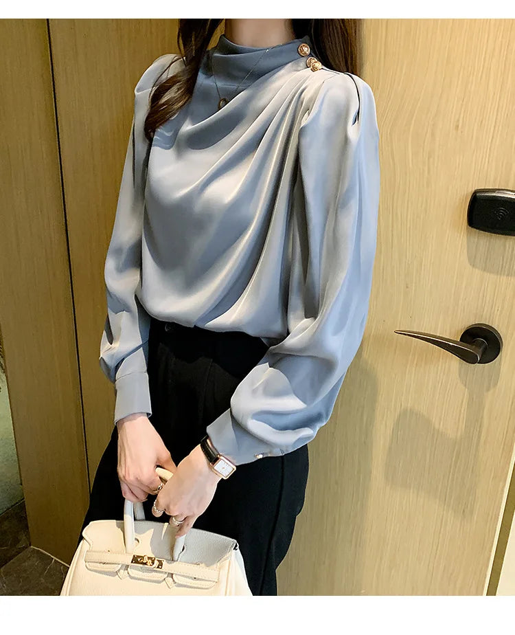 Autumn New Women's Style Stand up Collar Pleated Long Sleeve Top Fashion Lantern Sleeve Loose Elegant Solid Color Shirt Blouse