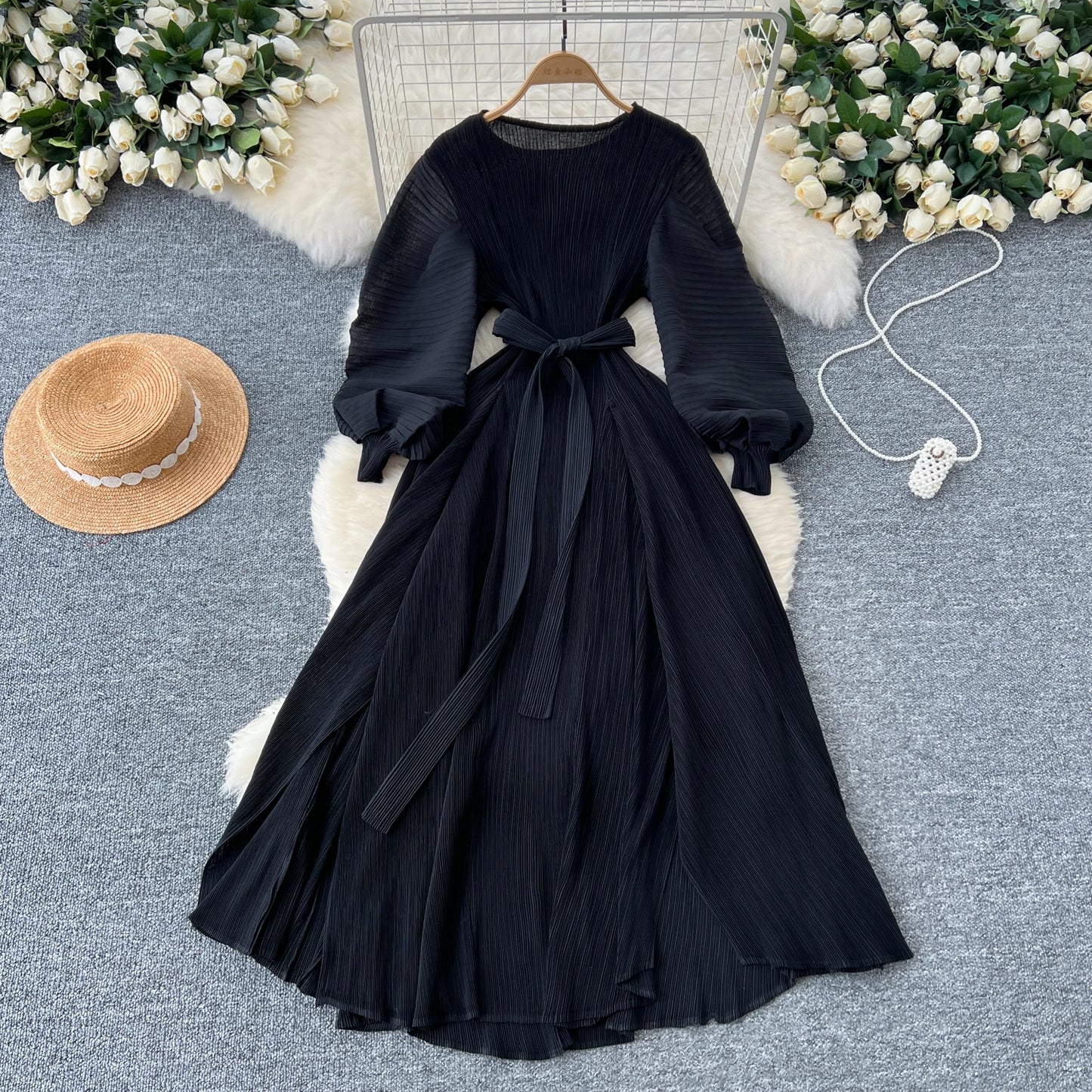 Vintage Elegant Lantern Sleeve Sweet Pleated Dress Women Basics Fashion Summer Spring Dresse