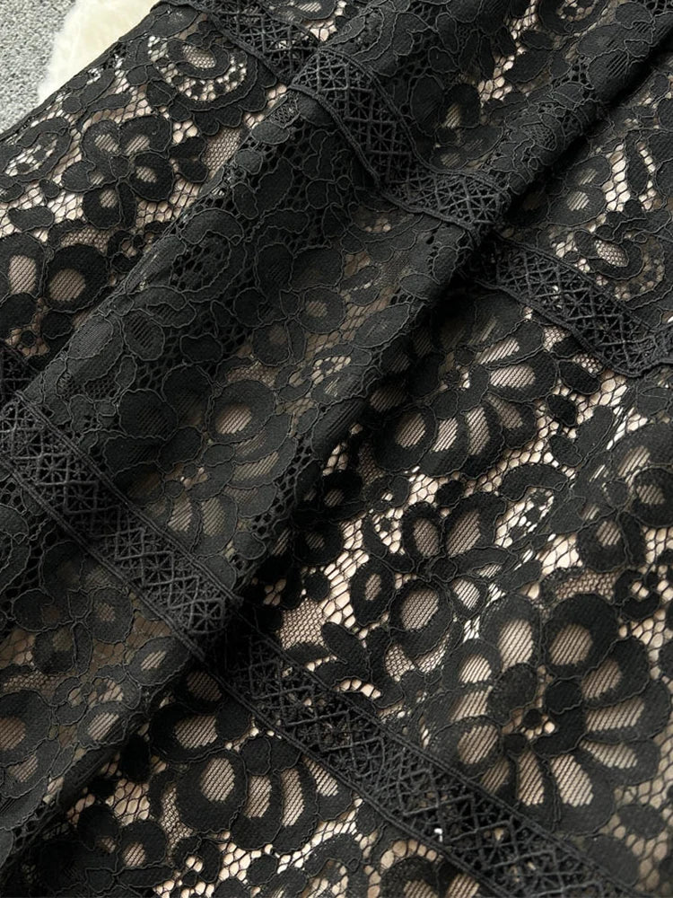 FTLZZ New Summer Elegant Women V-neck Short Sleeve Midi Dress Vintage Lady Lace Hollow Out Dress Empire Slim Party Dress