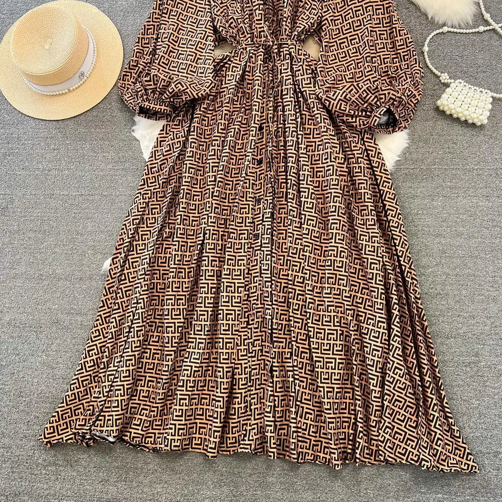 Elegant Women Casual Floral Print Party Dress Vintage Lantern Sleeve A-Line Pleated Prom Birthday Clothes Female Fashion Robe