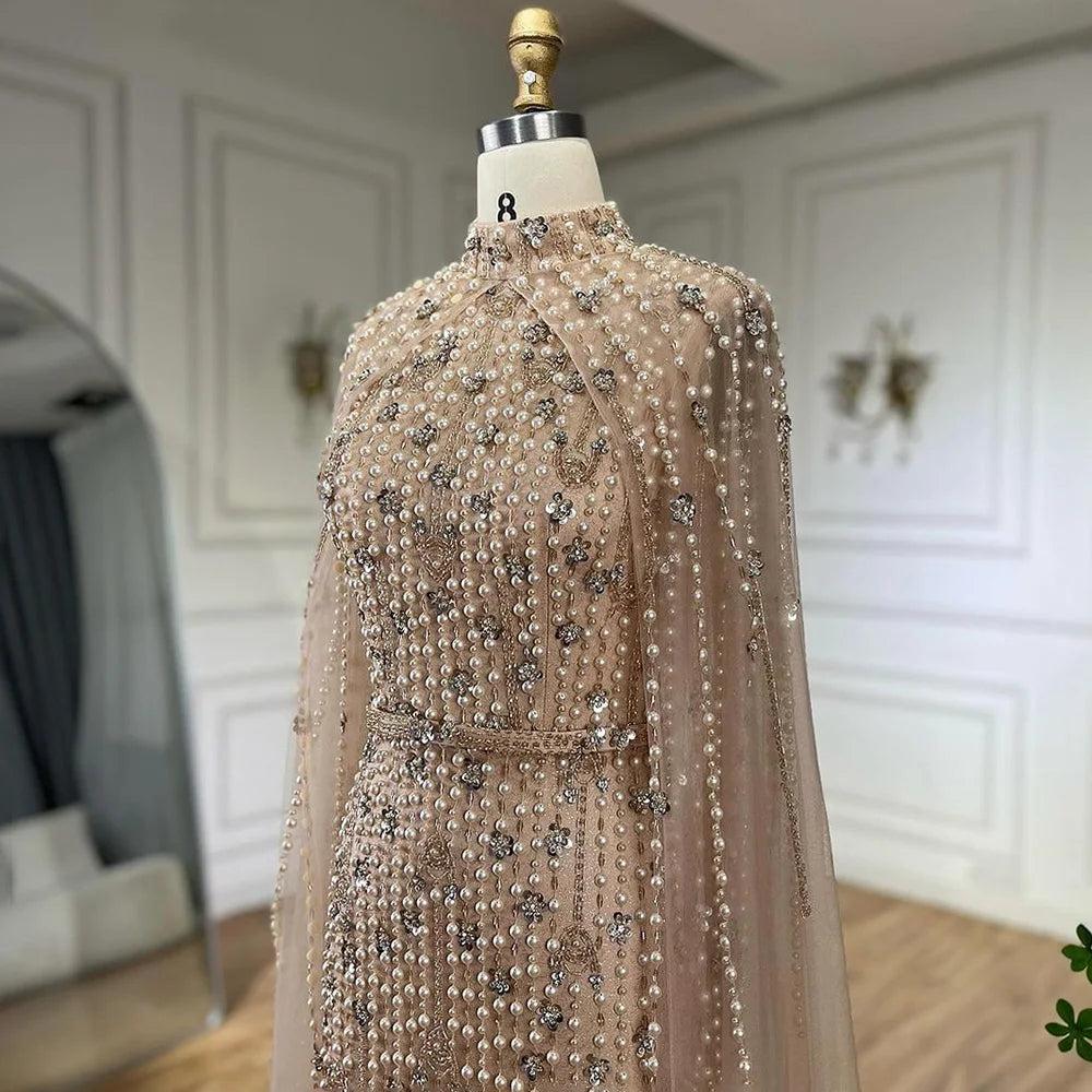 SERENE HILL 2024 Arabic Nude Mermaid Cape Long Sleeves Luxury Beaded Evening Dresses Formal Gowns Women Wedding Party GLA72372