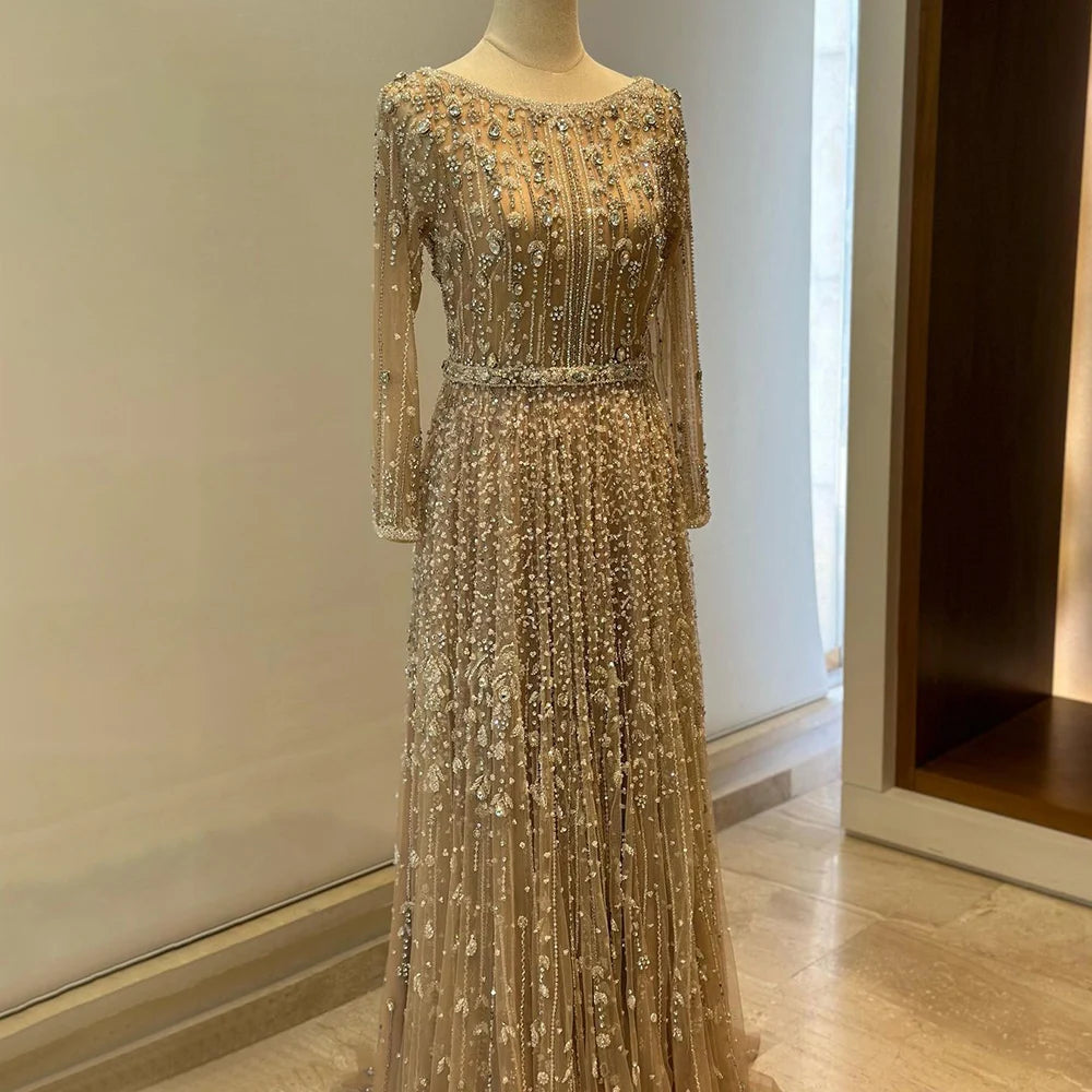 Serene Hill Dubai Arabic Designer Luxury Nude A Line Beaded Evening Dresses Gowns For Formal Occasion 2024 LA72088