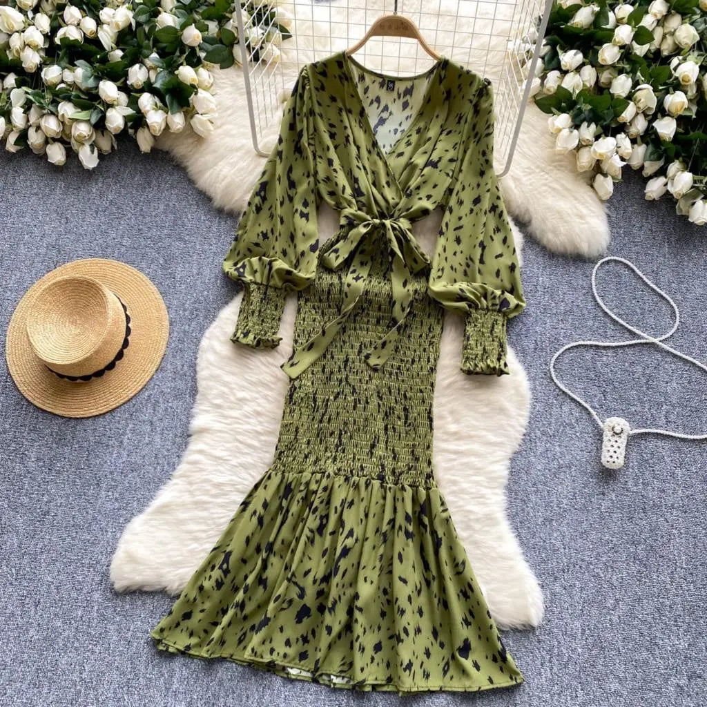 Women Casual Vintage Print Ruffle Long Dress Autumn Elegant V Neck Lantern Sleeve Party Mermaid Dresses Holiday Female Mujer New