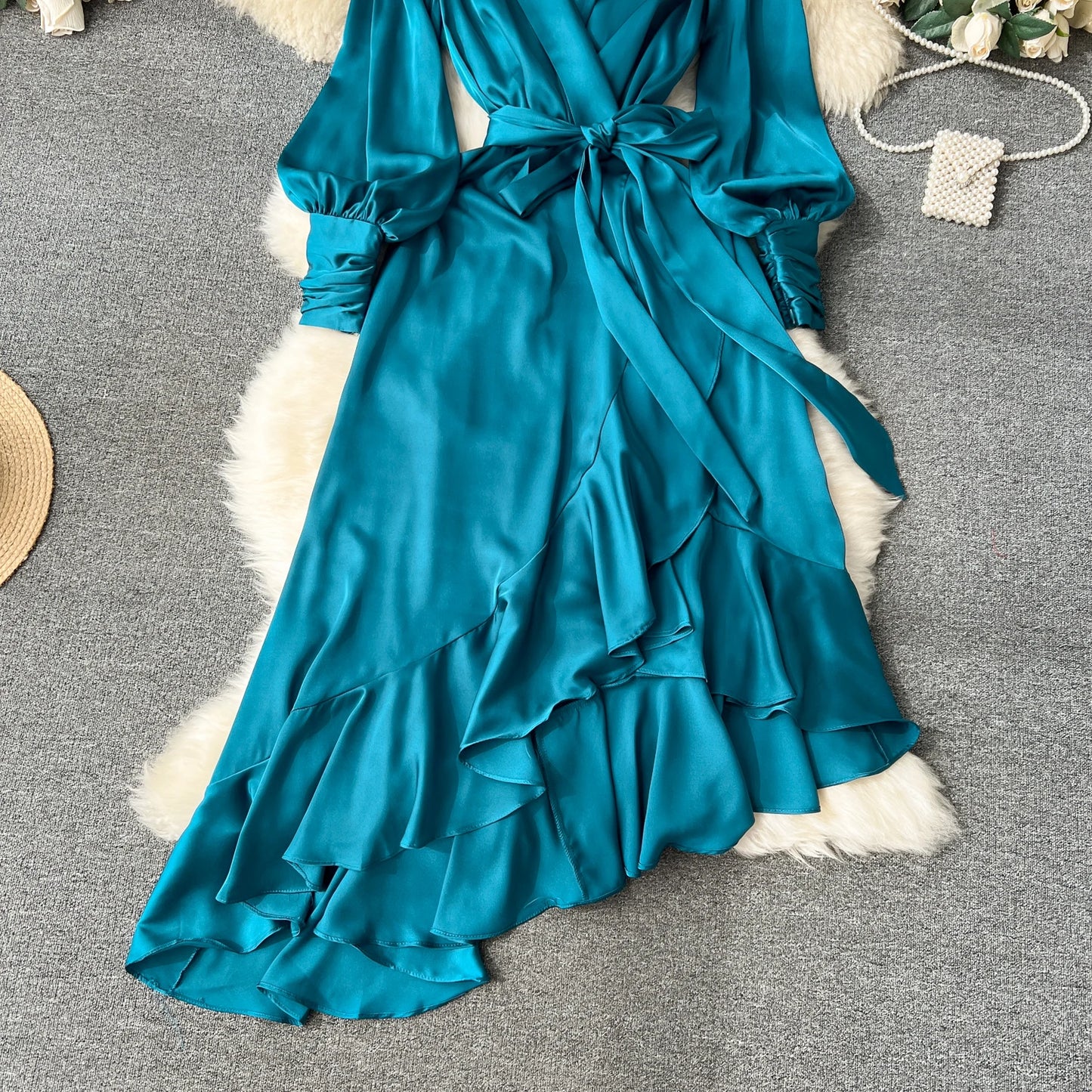 Women Elegant Satin Dress Summer Bandage High Waisted Ruffled Irregular Blazer Dresses Ladies A-line Vintage Party Long Robe