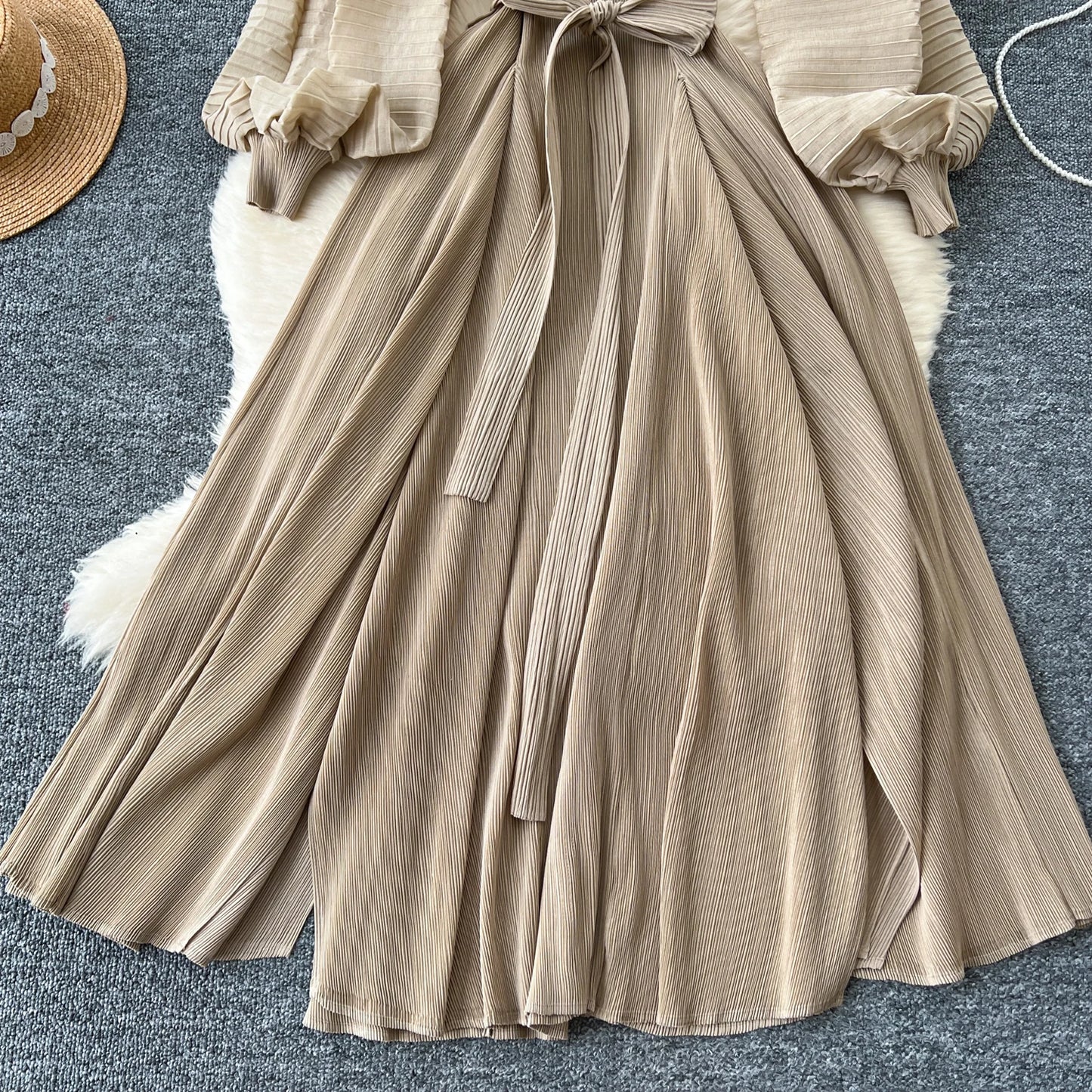 Vintage Elegant Lantern Sleeve Sweet Pleated Dress Women Basics Fashion Summer Spring Dresse