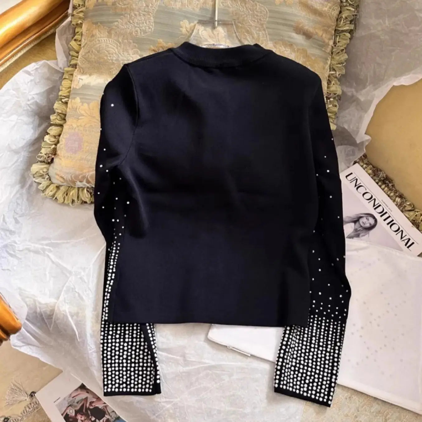 Rhinestone Decoration Knitted Cardigan Women Stylish Elegant Sweater Cropped Knit Jacket Single-breasted Chic Thin Coat Spring